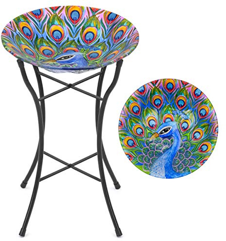 CHRISTOW Glass Bird Bath, Peacock Design | Hand-Painted Glass Bowl, UV-Resistant Design, Powder-Coated Steel Stand, 50cm Tall, Garden Bird Bath