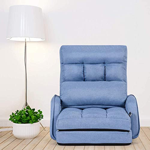 COSTWAY Adjustable Folding Lazy Sofa Bed with Armrests and Pillow, Convertible Floor Armchair Sofa Seat for Home Office, Easy-to-Clean (Blue)