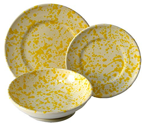 Colì, Servizio di Piatti, 18 Pezzi, Servizio Piatti 6 Persone, Servizio Piatti Colorati, Giallo Dipinto a Mano, Servizio da Tavola 6 Persone, 6 Ciotole da 20 cm 6 Piatti Piani da 24 cm 6 Piani da 19