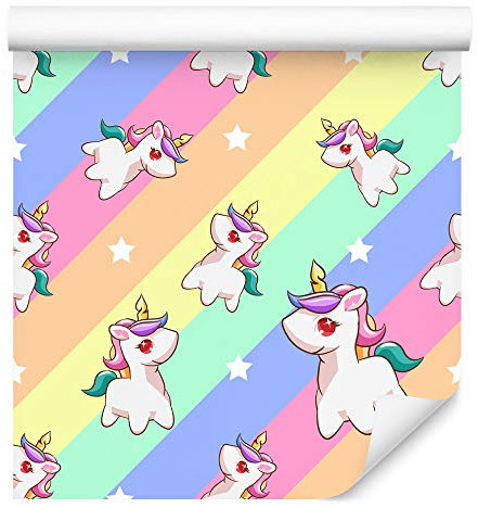 Muralo Tapete 10m Rolle Vlies Tapete Einhörner Magisch Sterne Kosmos Streifen Regenbogen Vliestapete 1000 x 53cm Wand Tapete Wohnzimmer Kinderzimmer Moderne Wanddeko Wand Dekoration