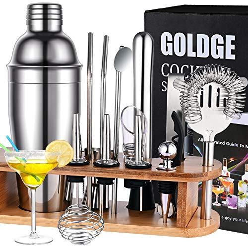 GOLDGE Cocktail Shaker Set, 17 Pezzi Kit da Barman in Acciaio Inox, Kit Attrezzatura Bar con 750ml Shaker, Supporto di bambù, Jigger Bilaterale, Pourer, Ghiacciolo Rotto, Filtro e Altri Accessori