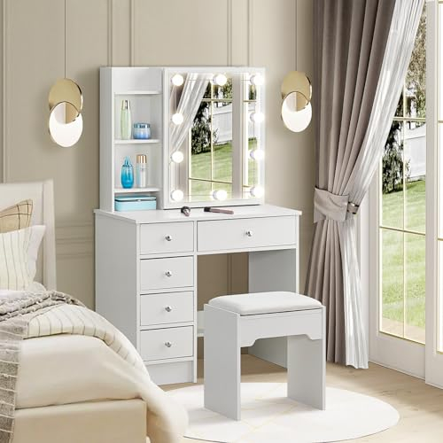 CLIPOP Dressing Table Set with Hollywood Lights, 5 Drawers White Vanity Table with Storage Shelves, Makeup Desk with Slide Mirror and Stool for Women Bedroom Dressing Room