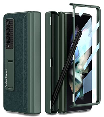 COQUE Étui Galaxy Z Fold 3 Housse en Cuir, de téléphone Tout Compris à charnière intégrée avec Fente pour Stylo cachée, de téléphone Pliable pour Samsung Galaxy Z Fold 3 5G-Vert