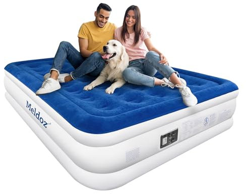 Meldoz Colchón de aire Queen con bomba integrada, colchón doble alto para el hogar, campamento e invitados, inflado rápido en 3 minutos, cama de aire inflable con parte superior flocada resistente al