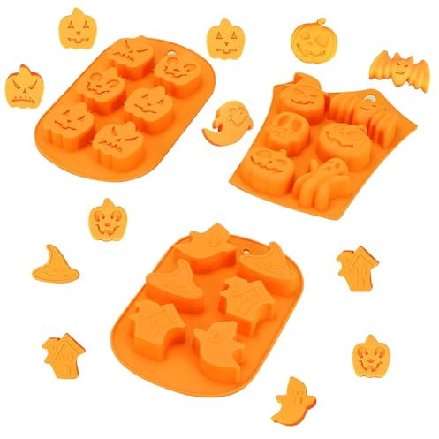 ZOOMPIL 3Pezzi Stampi da Forno in Silicone per Halloween Stampi Silicone di Cioccolato Torte con Zucca Pipistrello Teschio Fantasma per Fare Torte, Budini, Cubetti di Ghiaccio, Barrette di Cioccolato