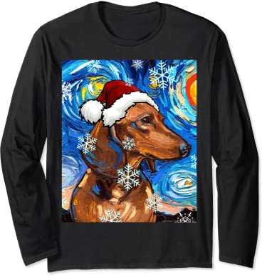 Aja Kunstdruck, Motiv Dackel, Sternennacht, Weihnachtsmann, Braun Langarmshirt