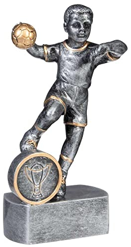 eberin · Kinder-Handball-Pokal, Resinfigur Handball Kinder, Silber Gold, mit Wunschtext und auswählbarem Motiv-Emblem 2,5 cm, Größe 13 cm