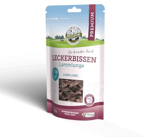 Bellfor Gesunder Leckerbissen für Hunde Gefriergetrocknete Lammlunge Hundefutter - 50 g. Getreidefreie gefriergetrocknete Hundesnacks, leicht verdaulich. Gesunde Hundeleckerlis.