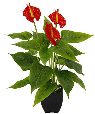 Anthurium Artificiel en Pot Anthurie Fleur de Flamant Rose Exotique avec Fleurs Rouges Artificielle Décoration Plante d'intérieur Calla