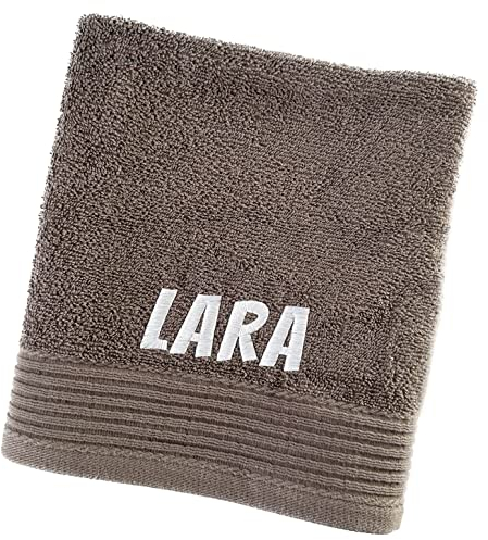 Schnoschi Handtuch mit Namen oder Wunschtext Bestickt, personalisiertes Duschtuch, individuelles Badetuch, Saunatuch oder Gästehandtuch mit Initialen, 100% Baumwolle, 30 x 50 cm Hellbraun
