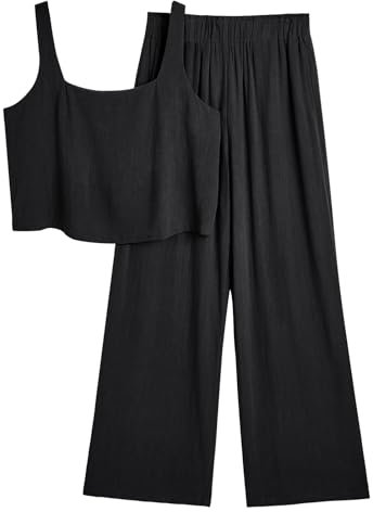 AUTOMET 2-teiliges Damen-Outfit, Lounge-Set, Leinen, bauchfreies Top, weites Bein, Jumpsuits mit Taschen, 2023, modische Kleidung, Schwarz, S