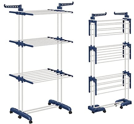Shrivee 3 Etagen WäScheständer Turm Klappbarer mit 2 Drehbare Flügeln Hoch 178cm Klappbare Füsse Platzsparend Clothes Drying Rack mit Rädern für Wohnung, Balkon & Garten (BlauWeiß