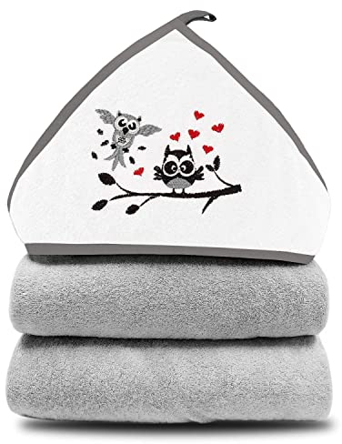 Kapuzenhandtuch Baby 80x80cm - Baby Badetuch aus 100% flauschigem Frottee – Babyhandtuch mit Kapuze und süßem Tiermotiv. Eule - Grau