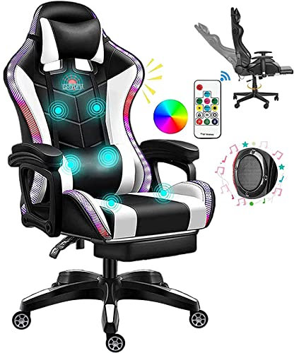 Silla de juego LED con altavoces Bluetooth, masaje lumbar Soporte Video Game Chair Silla de oficina de carreras ergonómica PU Silla de computadora reclinable de cuero,Blanco