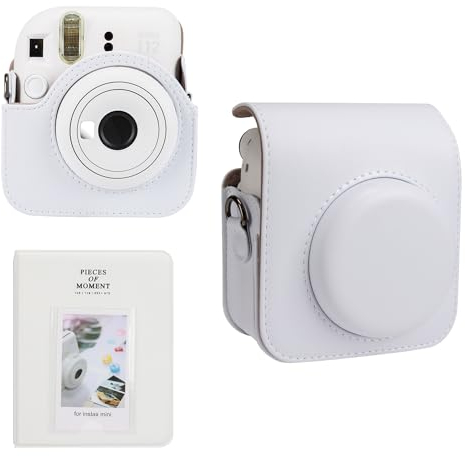 Meetikar Kameratasche und 64 Taschen Fotoalbum kompatibel mit Fujifilm Instax Mini 12 Sofortbildkamera, PU Leder tragbare Mini 12 Kameratasche mit verstellbarem Schulterriemen (Weiß)