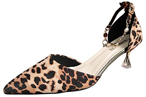 Kitten Heels Closed Toe Leopard Print High Heel Shoes Rhinestone Buckle Pointed Thin Heel Shoes Size 6 Brown
