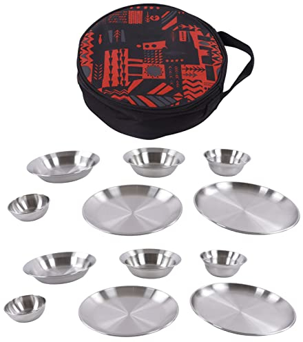 HERCHR 12Pcs Stainless Steel Plates and Bowls Camping Set,Kitchen Dinner Plate Pack Of 12 Outdoor Dinnerware Set with Storage Bag,Round Plates for Outdoor Hiking Camping