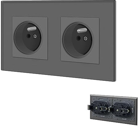 BSEED Prise Murale,Prises electriques Standard avec des griffes,16A 110-250V Double Prise de Courant Alternatif avec Panneau en Verre Cristal,Prise Encastrable, pour Bureau à Domicile(2 Prise,Gris)