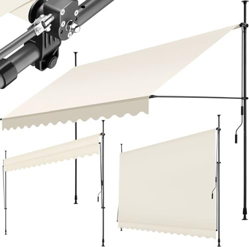 tectake® Toldo Terraza Manual Regulable en Altura con Manivela, Toldo Balcón sin Taladros, Toldo Extensible Terraza, Resistente a Rayos UV, Protección Solar y Repelente al Agua - 350 cm - Beige