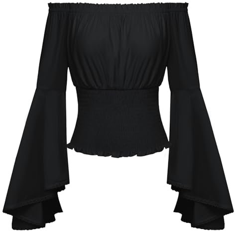 SCARLET DARKNESS Women Off Shoulder Bell Long Sleeve Renaissance Blouse Ruffle Smocked Vintage Medieval Tops Retro Gothic Corset Blouses Black S