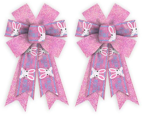 Threetols Osterkranz-Schleifen, rosa Glitzer-Schleifen für Kranz, Osterhasen-Dekoration, Schleifen für drinnen und draußen, Urlaub, Frühling, Ostern, Party-Dekoration, 2 Stück