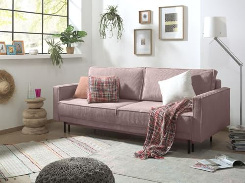 Lisa Design - Canapé Convertible avec Coffre Charlie en Velours Côtelé - Canapé Lit - Sofa Rose 3 Places - Salon