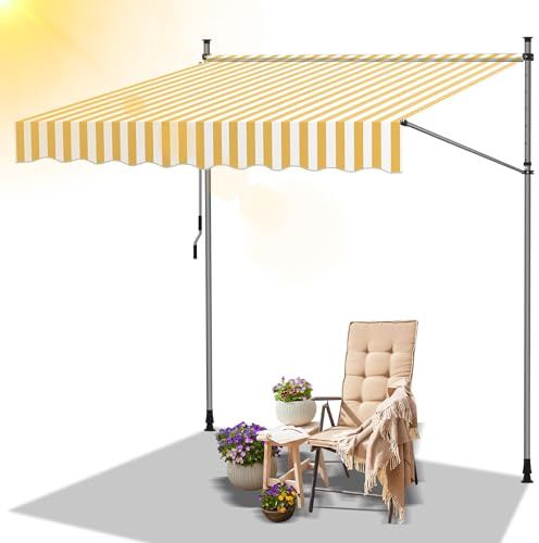 Daromigo Tenda da sole con manovella, 350 x 120 x 200 – 300 cm, senza fori, regolabile in altezza, resistente ai raggi UV, impermeabile e protezione solare, facile da montare, giallo e bianco