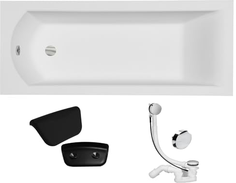 KOLMAN Badewanne SHEA Rechteck 140x70 ohne Verkleidung + Kopfstütze, Ablaufgarnitur und Füßen Komplettset 4in1 Kompatibel mit Ablaufgarnitur Original Acryl Wanne Siphon