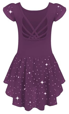 Arshiner Ballettkleidung Mädchen Ballettkleid Baumwolle Balletttrikot Kurzarm Tanzkleid Tanzbody Mit Rock Tütü Dunkellila 140/5-6 Jahre