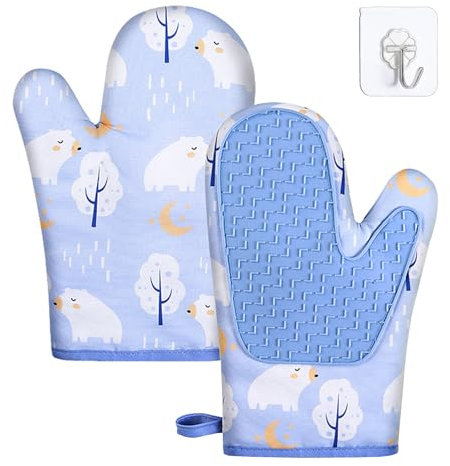 Oven Gloves Heat Resistant, Cotton and Silicone Oven Mitts Cute Bear Oven Gloves for Cooking Baking Microwave, with Hanging Hook 2pcs