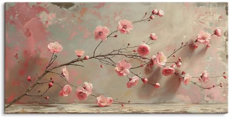 Paul Sinus Tableau mural de 120 x 60 cm sur toile et cadre en bois - Branche de fleurs romantique dans des tons roses doux sur un fond élégant