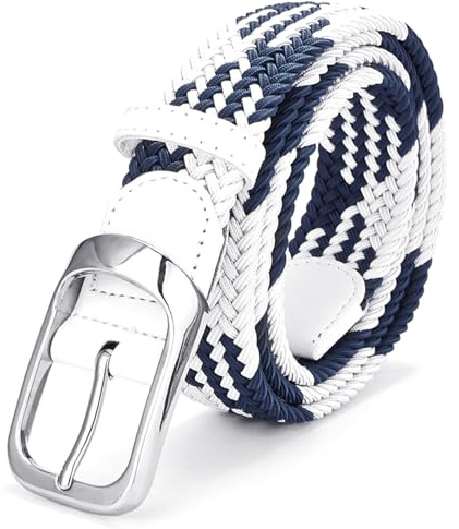 Uoocg Flechtgürtel Elastischer Unisex-Stoffgürtel (3,4 cm) – dehnbarer Polyester-Stretchgürtel geflochten für Damen und Herren | Größe auswählbar‌ | Farbkontrast Weiß/Blau 100 cm
