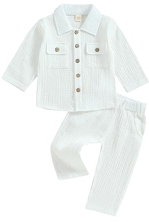 XIXIMAON Toddler Boy Fall Outfits 2 Pieces Cotton Linen Baby Boy Clothes | Infant Baby Boy Summer Clothes Solid Color Long Sleeve Button Up Shirt Pants Set Baby Shower Clothes Newborn Baptism Outfits