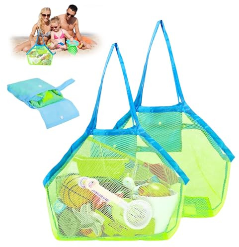 Sandspielzeug Netztasche, 2 Stück Strandspielzeug Tasche Groß, Wasserspielzeug Netztasche mit Fächertaschen, Mesh Beach Bag Faltbare, für Familie Urlaub, Strandurlaub im Freien