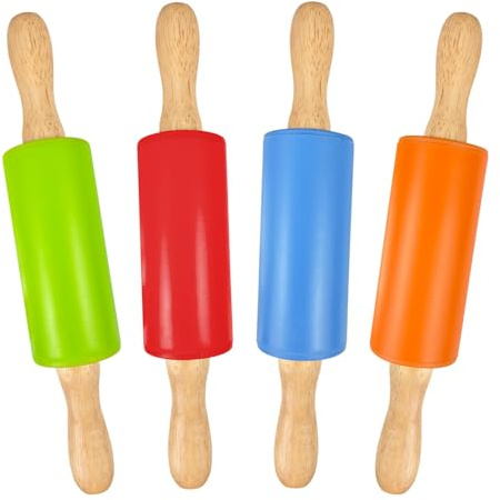 Mattarello Bambini & Mattarello Silicone con Manico Legno - Mini Mattarello Piccolo 22cm per Biscotti/Pizza - Set 4 Colori (Rosso/Verde/Blu/Arancio) - Regalo Cucina Bambini