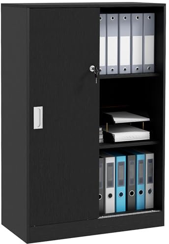 HOMCOM Armadietto da Ufficio a 3 Ripiani e ad Anta Doppia, Mobiletto Armadio da Ufficio in Legno, Mobiletto Multiuso con Chiusura e 2 Chiavi di Sicurezza per Studio, Garage e Soggiorno, Nero