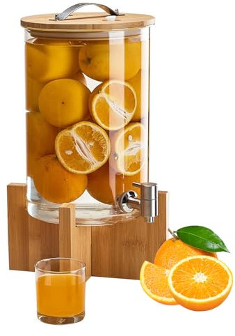 GTHTUHFD Distributeur De Boissons avec Support, Distributeur De Boissons en Verre avec Robinet, Support en Bois, Machine À Boissons en Bouteille d'eau,8L