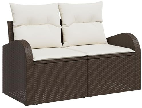 vidaXL 2 Sitzer Outdoor Sofa Mit Stauraum Braun Und Creme Rattan Wetterfeste Kissen Mit Abnehmbaren Bezügen Moderne Möbel Für Balkon Oder Garten Sitzmöglichkeit