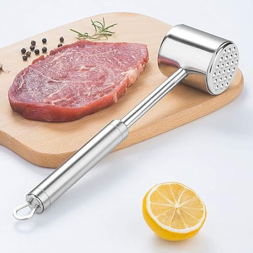 Uxreoib Batticarne in 304 Acciaio Inossidabile, Martello per Carne Doppia Faccia Argento per la Lavorazione della Carne, Batti Carne da Cucina per Cotoletta, Bistecca, Manzo, Pollo, Maiale