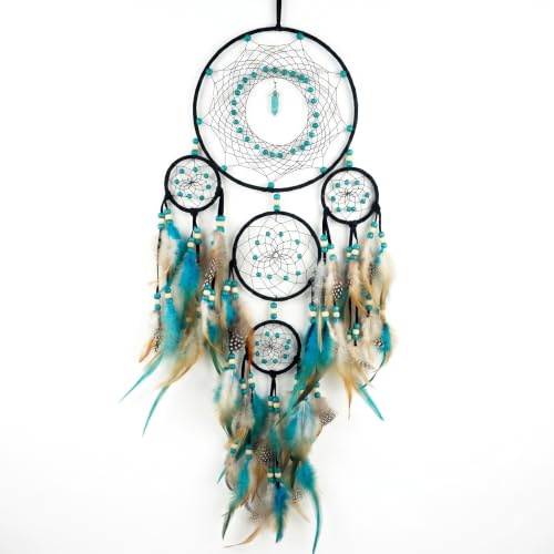 Remorlet Traumfänger im Bohemian-Stil, 5 Ringe, Türkis, mit türkisfarbenem Anhänger, handgefertigt im Native-American-Stil, Wandbehang, Dekoration für Schlafzimmer, Wohnzimmer, Boho-Heimdekoration und