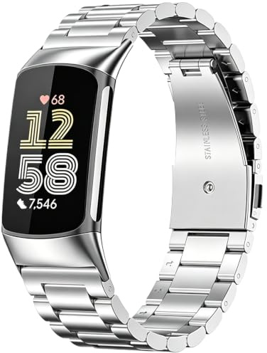 Aurrain Passend für Fitbit Charge 6/5 Edelstahlarmband, Herren und Damen Schnellverschluss Metall verstellbar Ersatz Band Fitness Tracker Fitbit Charge 5 Armband.