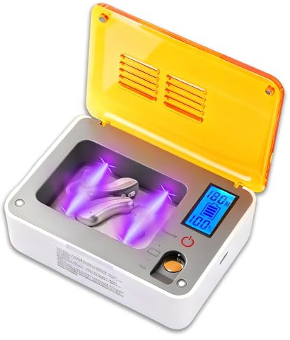 Deshumidificador para audífonos, caja de secado de amplificadores auditivos con 5 kits de limpieza que elimina la humedad, el sudor y el polvo de los audífonos, 4 luces ultravioleta, prueba de batería