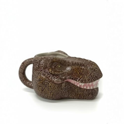 MVL 3D T-Rax Skull Mug –Dinosour 3D Ceramic Coffee Cup with Realistic Roaring Skull Animal Design-Textured Brown Finish, Great Gift for Halloween & Christmas Decor