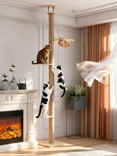 YOCAN Floor to Ceiling Cat Tree, Height Adjustable 90.5–110 Tall Cat Tower, Tension Mounted Vertical Cat Climbing Pole for Indoor Cats, Heavy-Duty Space-Saving Cat Furniture