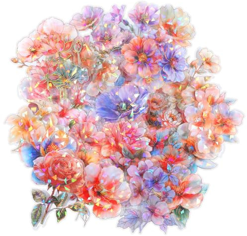 30 Stück Gliter Blumen Sticker, 3D Holografisch Frühling Aufkleber, Wasserfeste PET Sticker für Scrapbooking, Journaling, Fotoalbum, Kunstharz, Bastelbedarf