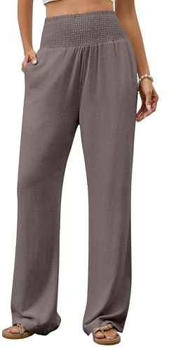 Homlan Pantalones de mujer de pierna ancha, elegantes Palazzo, informales, informales, de cintura alta, pantalones de tela largos, ligeros, cintura plisada, con bolsillos