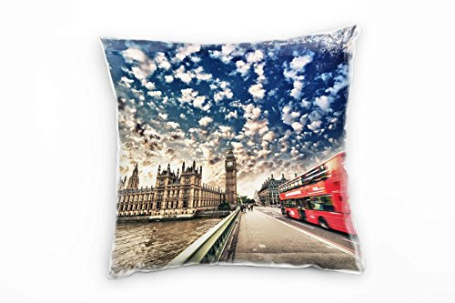 Paul Sinus Art City, braun, blau, rot, London, Doppeldecker Bus Deko Kissen 40x40cm für Couch Sofa Lounge Zierkissen - Dekoration zum Wohlfühlen