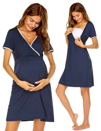 Ekouaer Nursing Nightgown Delivery and Labor Gown for Hospital Short Sleeve Maternity Breastfeeding Dress Navy Blue M