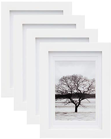 EGOFINE 7x5 Picture Frames Set of 4, Solid Wood with Acrylic Glass, Matted for 4x6/3.5x5 inch, 7x5 Photo Frames for Tabletop and Wall Mounting, 17.8 x 12.7cm Small Frames for Printing, White