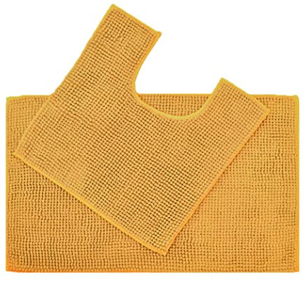 Allure Chenille Bobble Bath Mat Set - Non Slip Two Piece Bath & Toilet Mat Set, Super Soft, Absorbent & Easy Care (Mustard)